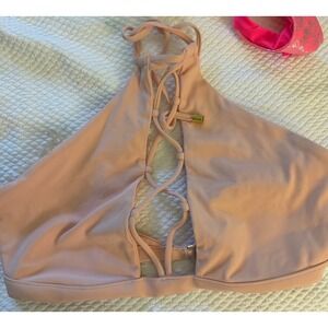Beach Bunny Blush Pink Lace Up High Neck Halter Bikini Top XXL B17106T5 NEW